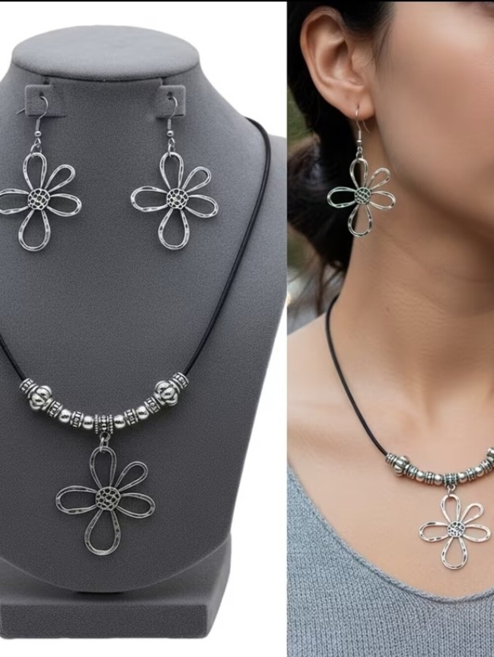 Bohemian Style Silver Flower Pendant Necklace & Earring Set. New! - Picture 4 of 4